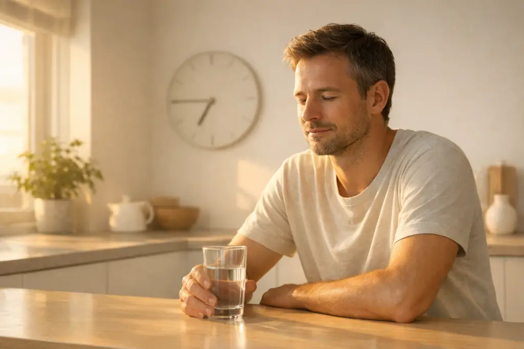 How to start intermittent fasting the right way (The complete guide for beginners) A man sitting at a kitchen counter with his eyes closed, holding a glass of pure water during a fasting window, with a wall clock in the warm morning sunlight.