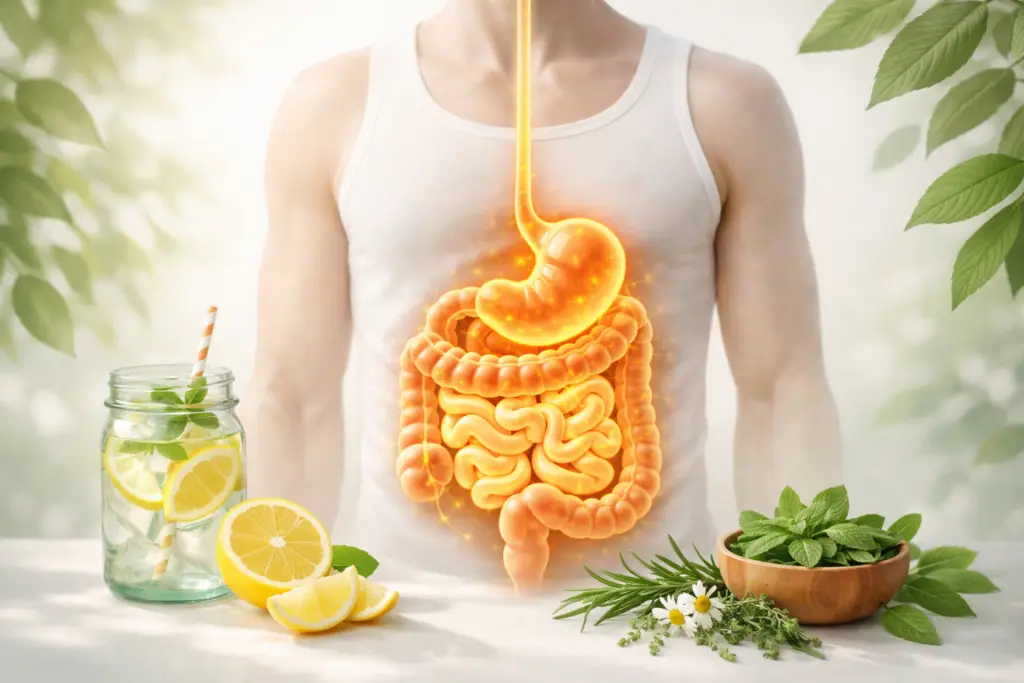 🧼 A Simple 7-Day Digestive System Cleanse An image featuring a human midsection overlay with a glowing, healthy digestive system graphic next to a jar of fresh lemon water, mint leaves, and chamomile herbs on a clean table.
