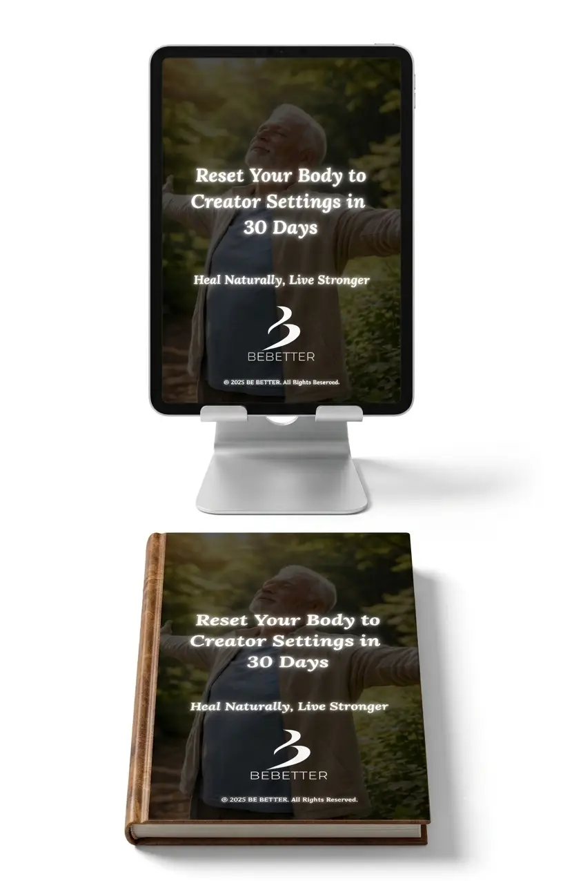 A 3D promotional mockup bundle of the book "Reset Your Body to Creator Settings in 30 Days" showing the printed hardcover book standing next to a digital tablet displaying the e-book edition on a clean, modern homepage background.