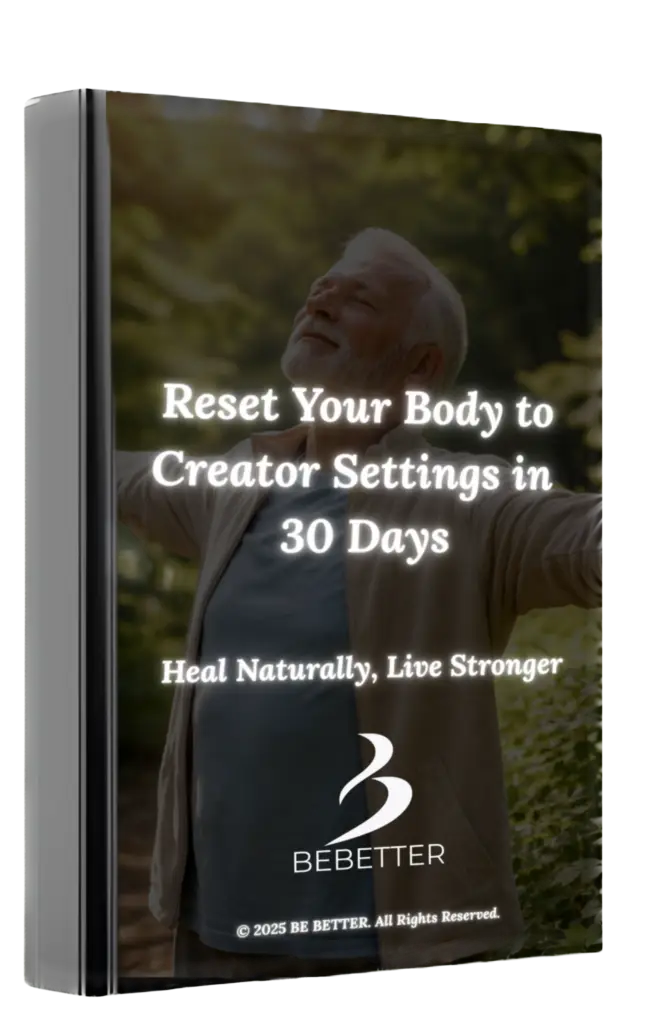 A 3D promotional mockup bundle of the book "Reset Your Body to Creator Settings in 30 Days" showing the printed hardcover book standing next to a digital tablet displaying the e-book edition on a clean, modern homepage background.