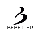 The official BeBetter brand logo featuring a stylized white letter B graphic alongside the text BEBETTER set against a solid black background for website headers.