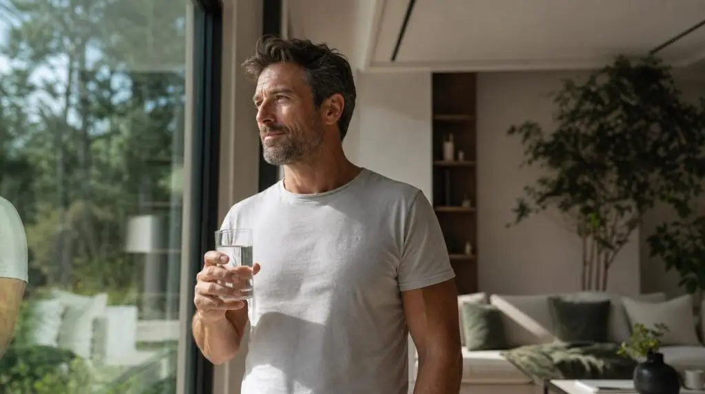 Why Am I Always Tired? 10 Lifestyle Factors Worth Exploring A healthy man in his 30s standing inside a modern living room, holding a fresh glass of water while looking out of a large window into the sunlight.