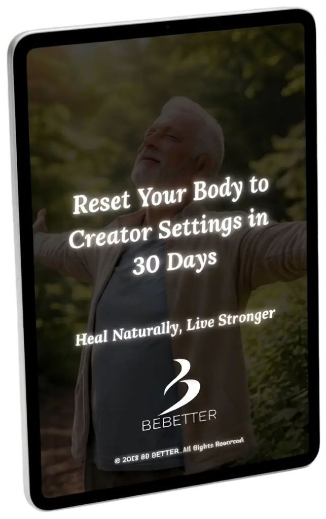 The best foods to boost immunity naturally A 3D promotional mockup bundle of the book "Reset Your Body to Creator Settings in 30 Days" showing the printed hardcover book standing next to a digital tablet displaying the e-book edition on a clean, modern homepage background.