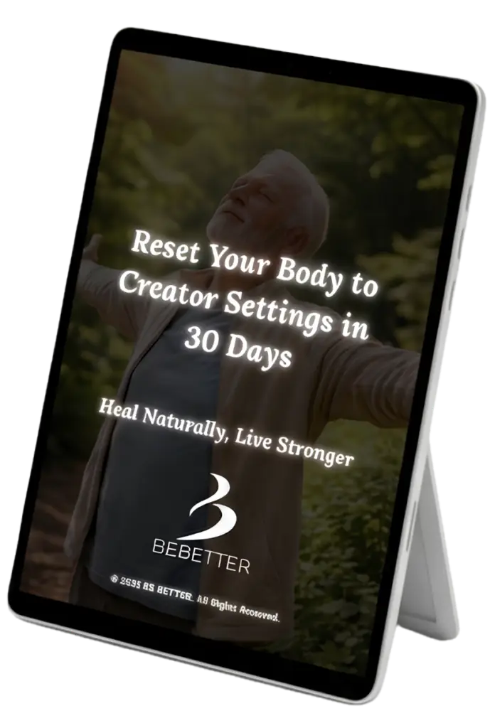 A 3D promotional mockup bundle of the book "Reset Your Body to Creator Settings in 30 Days" showing the printed hardcover book standing next to a digital tablet displaying the e-book edition on a clean, modern homepage background.